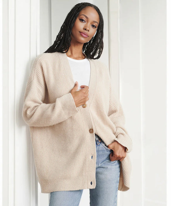 Sophisticated Loose Fit Cardigan with Striped Sleeves