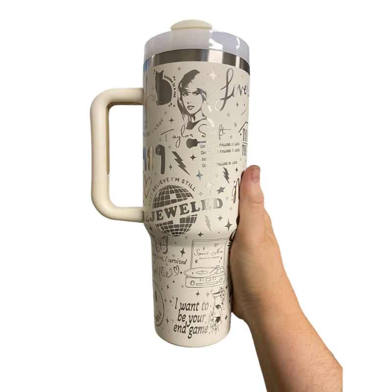 40oz Engraved Tumbler With Handle Celebrating Taylor Swifts Iconic Albums