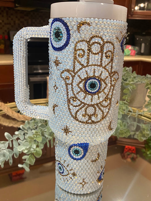 40 Oz Opal Crystal Embellished Tumbler With Handle