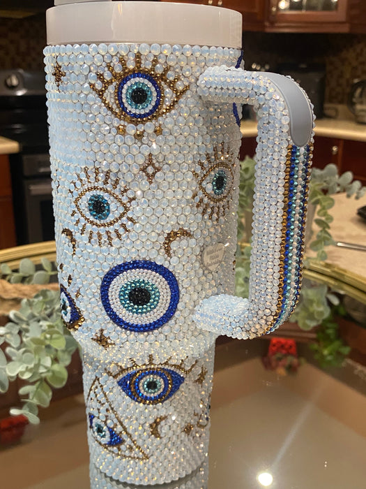 40 Oz Opal Crystal Embellished Tumbler With Handle