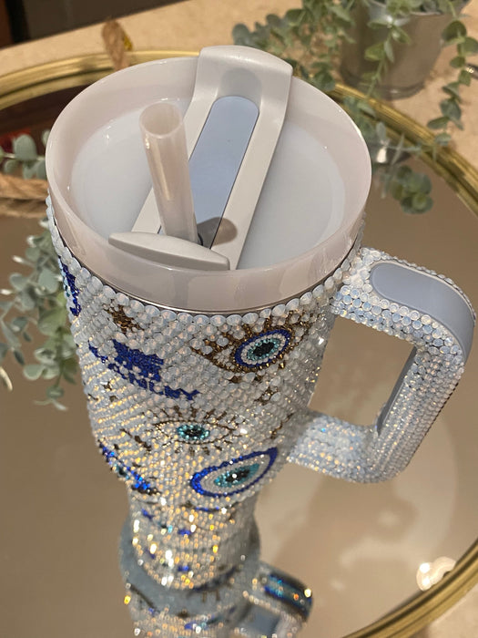 40 Oz Opal Crystal Embellished Tumbler With Handle