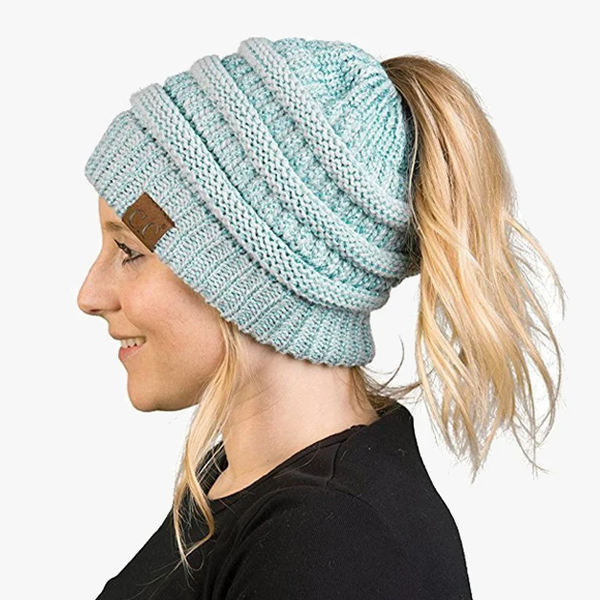 Ponytail Beanie Messy Bun Women's Beanie Solid Ribbed Hat Cap