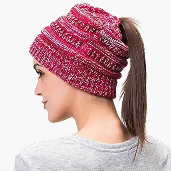 Ponytail Beanie Messy Bun Women's Beanie Solid Ribbed Hat Cap