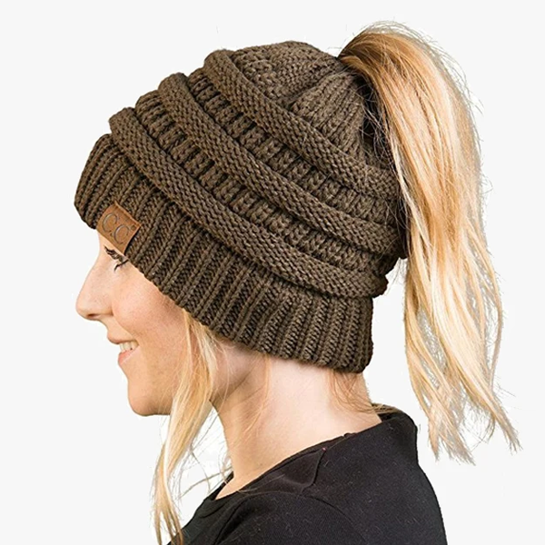 Ponytail Beanie Messy Bun Women's Beanie Solid Ribbed Hat Cap