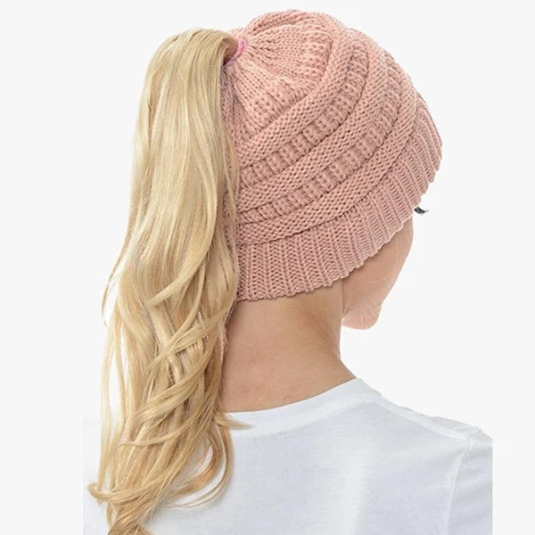 Ponytail Beanie Messy Bun Women's Beanie Solid Ribbed Hat Cap