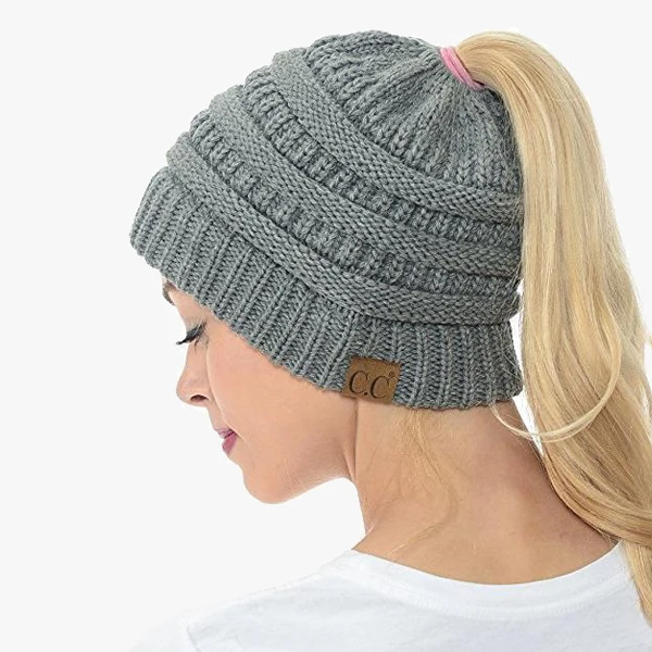 Ponytail Beanie Messy Bun Women's Beanie Solid Ribbed Hat Cap