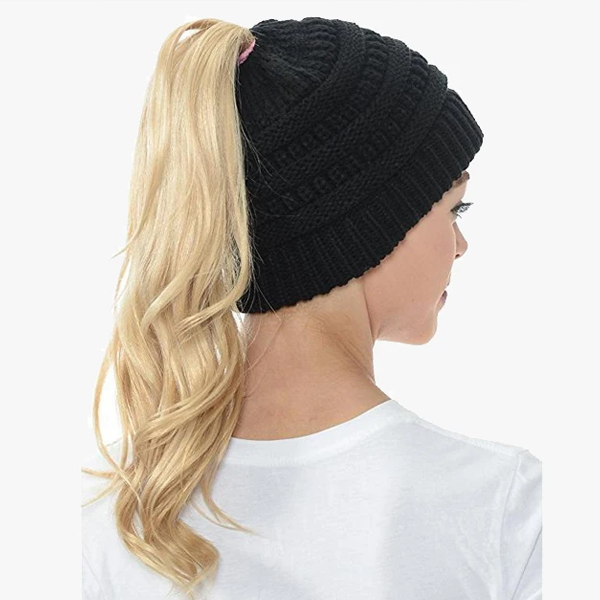 Ponytail Beanie Messy Bun Women's Beanie Solid Ribbed Hat Cap